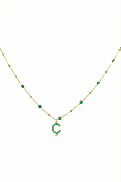 Queen Silver Jewelry 925 ayar gümüş. yeşil zirkon taşlı toplu zincirli harfli...