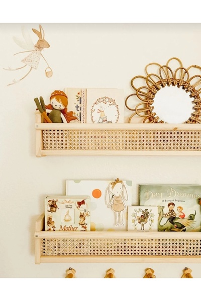 glb decor wood hand made Ahşap Hazeran Rattan Duvar Rafı Şık Çocuk Odası Mont...