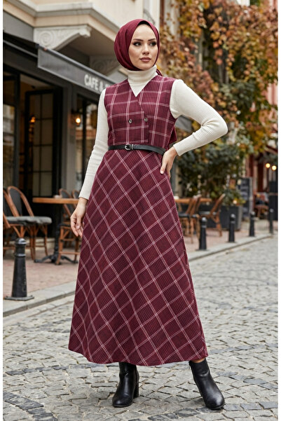 sefamerve Plaid Patterned Belted Gilet Dress 2223-02 Claret Red