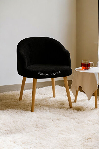 BEYLERBEYİ Gürgen ahşap ayak, sırtlı mini berjer siyah renkli peluş kumaş, de...