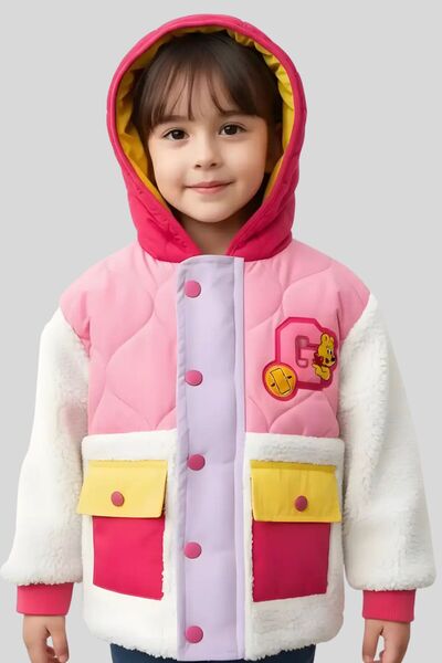 Haribo Palton matlasat cu mâneci de pluș și detalii brodate, cu figurină de f...