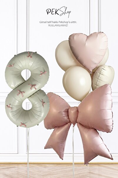 PEKSHOP 8 Yaş Pembe Fiyonk Kurdele Süslü Yaş Balonlu Fiyonk Tema Doğum Günü B...