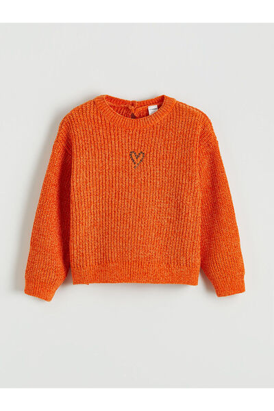LC Waikiki Orange Heart Embroidered Girls' Knit Sweater
