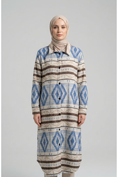 sefamerve Ethnic Patterned Buttoned Winter Coat 2500-09 Beige Cobalt