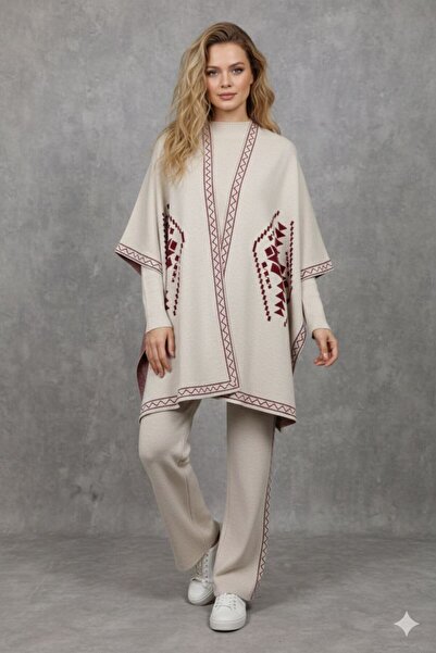 NERM Patterned Poncho Pants Bady 3-Piece Knitwear Set