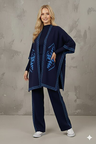 NERM Patterned Poncho Pants Bady 3-Piece Knitwear Set