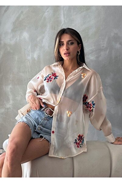 Desingadd Taş Rengi Nakışlı Tül Gömlek