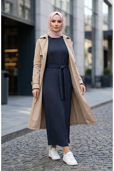 sefamerve Stripe Patterned Belted Hijab Dress 2222A-02 Petrol