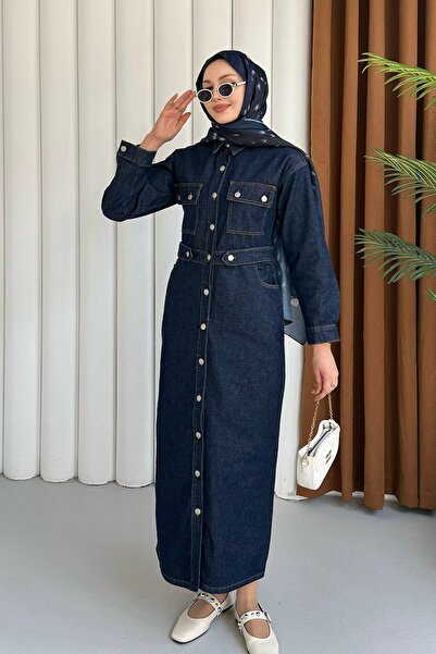 Modaensarbutik Beli Gipeli Önden Düğmeli Denim Tesettür Elbise-KOYU MAVİ