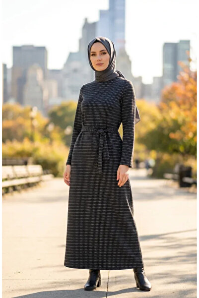 sefamerve Geometric Patterned Belted Hijab Dress 2222-03 Smoked