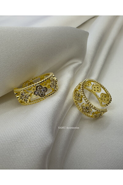 Samu Accessories خاتم فولاذي قابل للتعديل بتصميم البرسيم المرصع بالأحجار - خا...