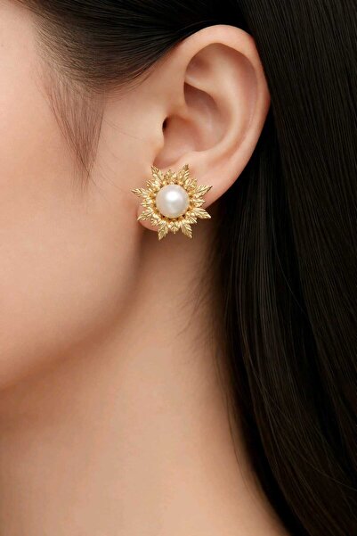 Aware Time Gold Non-Tarnishing Steel Pearl Detailed Sun Earrings