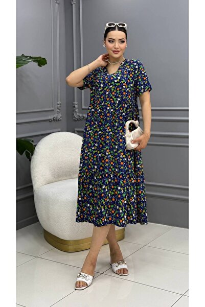 Cannes Kadın Çiçek Desenli V Yaka Kısa Kollu Lacivert Elbise