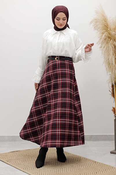 Tesettür Dünyası Plaid Skirt Tsd260102 Claret Red
