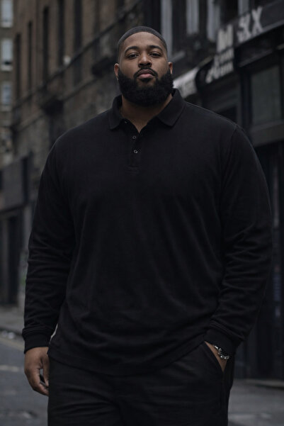 Maccali Men's Plus Size Basic Polo Black Long Sleeve T-Shirt
