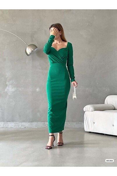 Modafeminen فستان ميدي بفتحة خلفية وياقة مزدوجة 581845 أخضر
