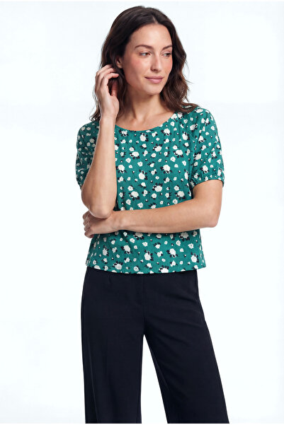 WESTMARK LONDON Kadın Bisiklet Yaka Kısa Kollu Desenli Turkuaz Crop Üst CARMEN