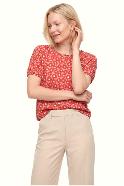 WESTMARK LONDON Kadın Bisiklet Yaka Kısa Kollu Desenli Kırmızı Krinkle Crop Ü...