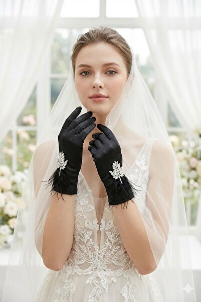 Hobigram Toile Feather Stone Detailed Ankle-Length Satin Bridal Gloves |   El...