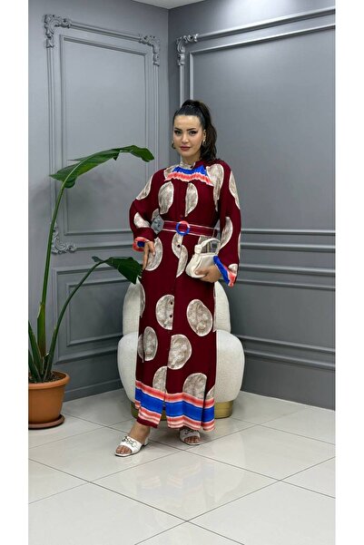 Cannes فستان نسائي طويل بحزام وأزرار ونقشة مميزة باللون العنابي