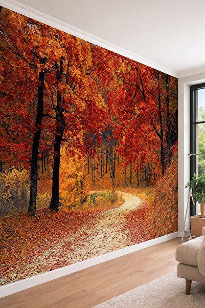 dreamwall Sonbahar Orman Yolu - Salon ve Cafe İçin Tek Parça Tekstil Duvar Ka...