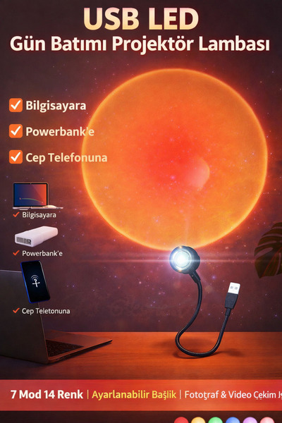 TeknoEser USB LED Gün Batımı Projektör Lambası | 7 Mod 14 Renk Ayarlanabilir ...