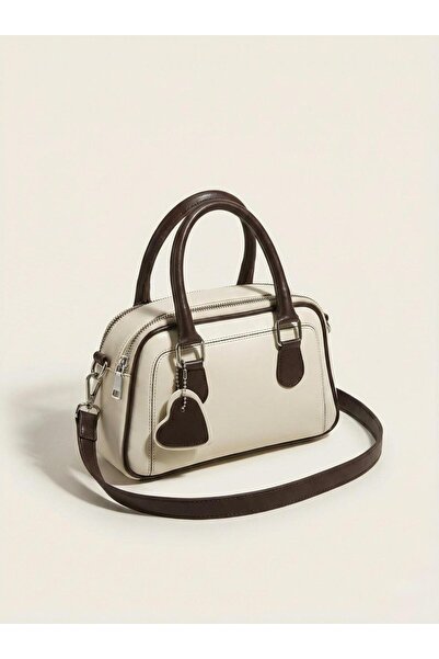 İstanbul Çanta Kadın Krem Acı Kahve Biyeli Kalp Aksesuarlı Omuz ve El Çantası...