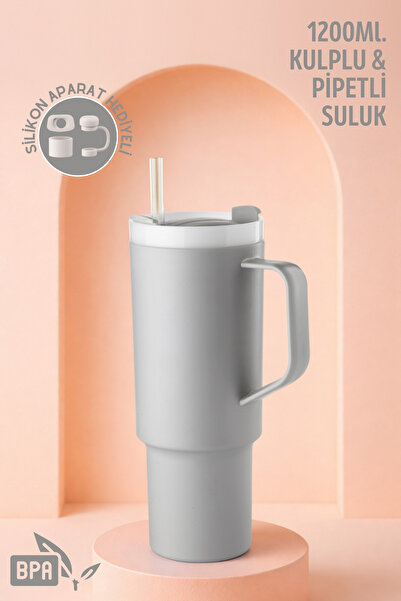 Nandy Home Büyük Boy, Kulplu ve Pipetli 1200Ml. Suluk & Matara - Silikon Apar...