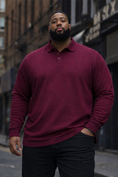Maccali Men's Plus Size Basic Polo Burgundy Long Sleeve T-Shirt