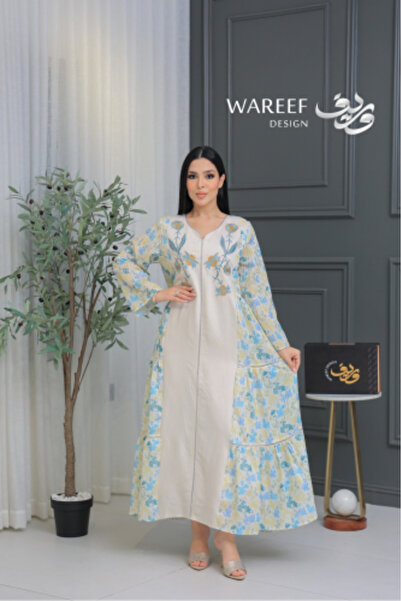 WAREEF FASHION Cream-colored jalabiya with blue and yellow floral patterns