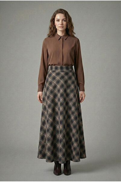 Şiir Manua Women's Plaid Pattern Flared A-Line Skirt & Hijab Skirt - Brown
