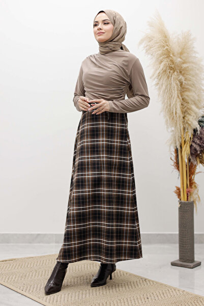 Tesettür Dünyası Plaid Skirt Tsd260102 Tan