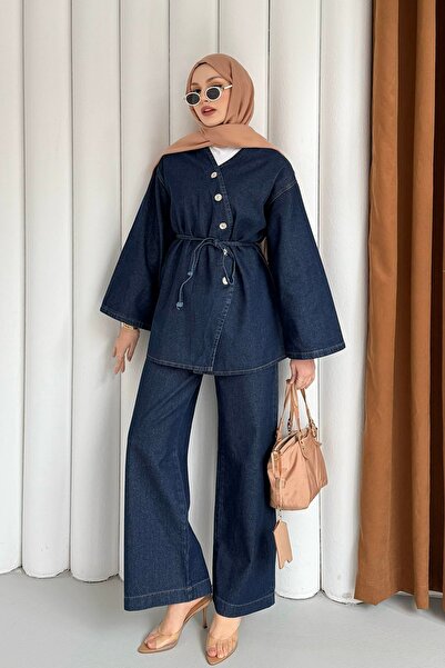 Modaensarbutik Asimetrik Düğmeli Denim Tesettür Takım-KOYU MAVİ