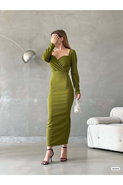 Modafeminen فستان ميدي بياقة مزدوجة وفتحة خلفية 581845 أخضر فستقي