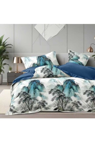 Pucioasa Fine elastic bed linen, 6 pieces, Mountain landscape, petrol blue