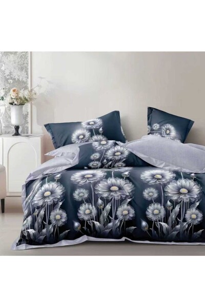 Pucioasa Lenjerie de pat cu elastic din finet, 6 piese, Margarete bleumarin