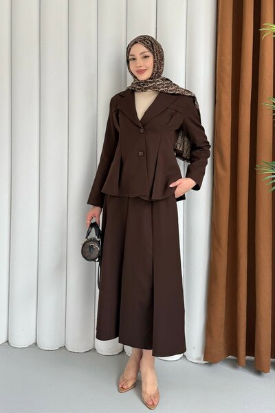 Modaensarbutik Mira Pile Detay Etek Ceket Tesettür Takım-KAHVERENGİ