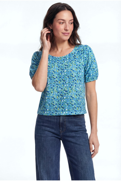 WESTMARK LONDON Kadın Bisiklet Yaka Kısa Kollu Desenli Mavi Krinkle Crop Üst ...