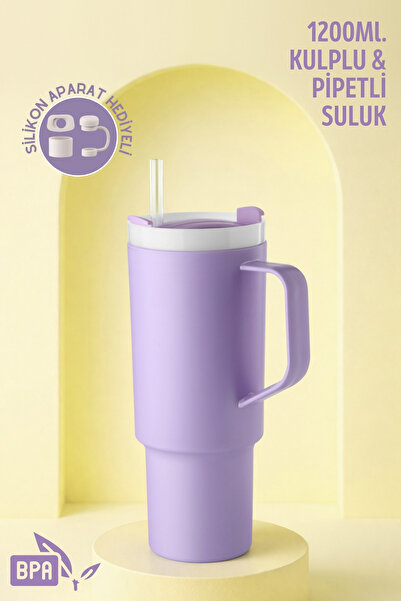 Nandy Home Büyük Boy, Kulplu ve Pipetli 1200Ml. Suluk & Matara - Silikon Apar...