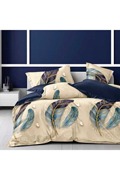 Pucioasa 6-piece finet double bed linen, Blue and gold feathers