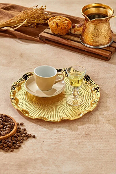 akdenizhome Altın Kaplama 25 cm Yuvarlak Bombeli Sunum Tepsisi - TR-6319
