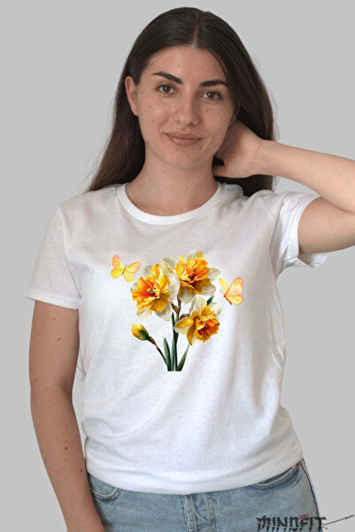 GILDAN Tricou Cu Flori De Primavara Narcise Galbene Si Fluturi Dama