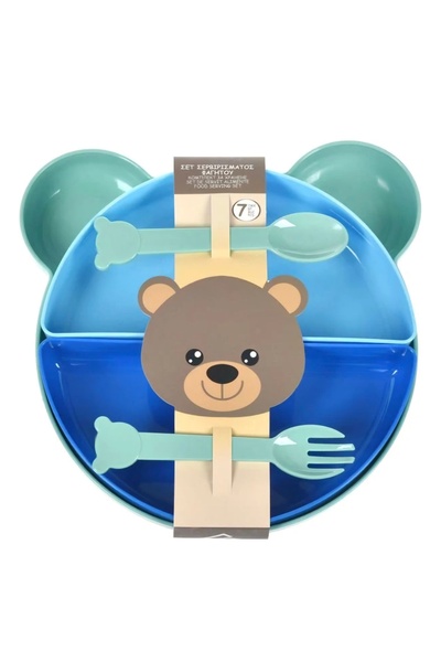 ITEM Tableware Set with Fork & Spoon Bear Pattern Blue Green - 7 pieces