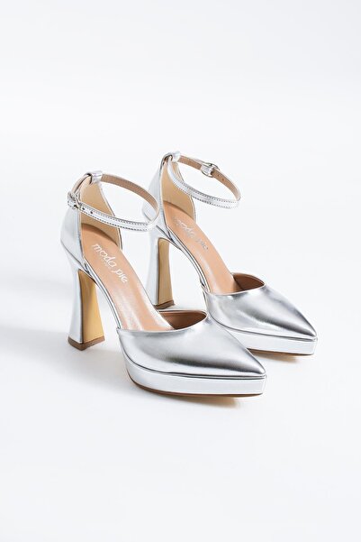 Moda Pie Likano Pointed Platform Women's Evening Dress Heeled Shoes Silver Me...