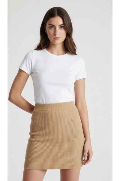 Be Best Women's Camel Elastic Waist Ribbed Knitwear Mini Skirt Be368