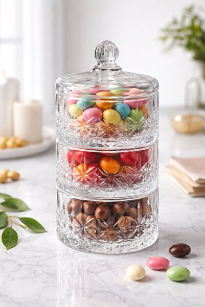 MADAME LUDA Çok Amaçlı 3 Katlı 4 Parça Cam Kapaklı Sunumluk Kase-(ŞEKERLİK/ÇE...