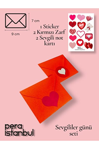 Pera İstanbul 2 Adet Kırmızı 7x9 Zarf 2 Adet Hediyelik Not Kartı 1 Adet Sticker Set Sevgililer Günü Yıl Dönümü