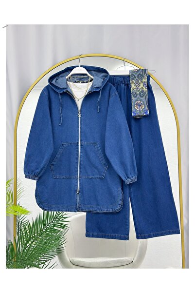 YEDİLALE Zipped Hooded Denim Jacket and Pants Two-Piece Set [Excluding Shawl ...