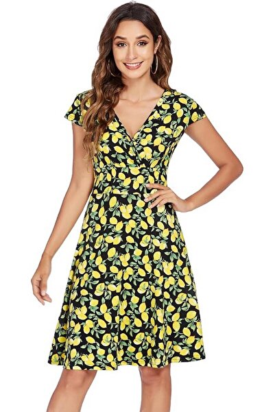OEM Beyove summer dress for women with floral print, lemon, midi, A-line, yel...