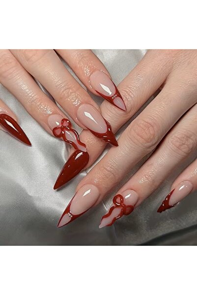 B&B Beauty 24 Adet 3D Kırmızı Frenchli Stiletto Takma Tırnak Seti
